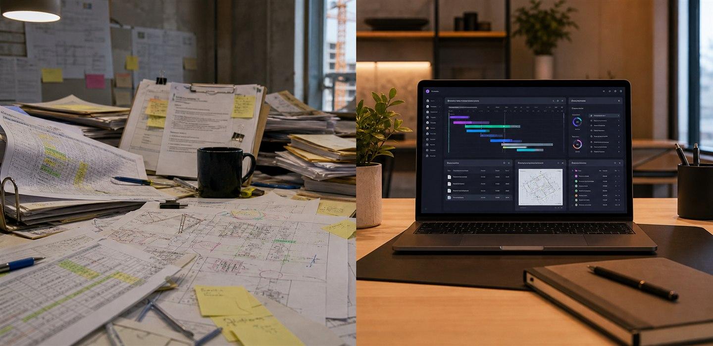 Scattered construction plans and spreadsheets compared with an organized Space AI project dashboard.