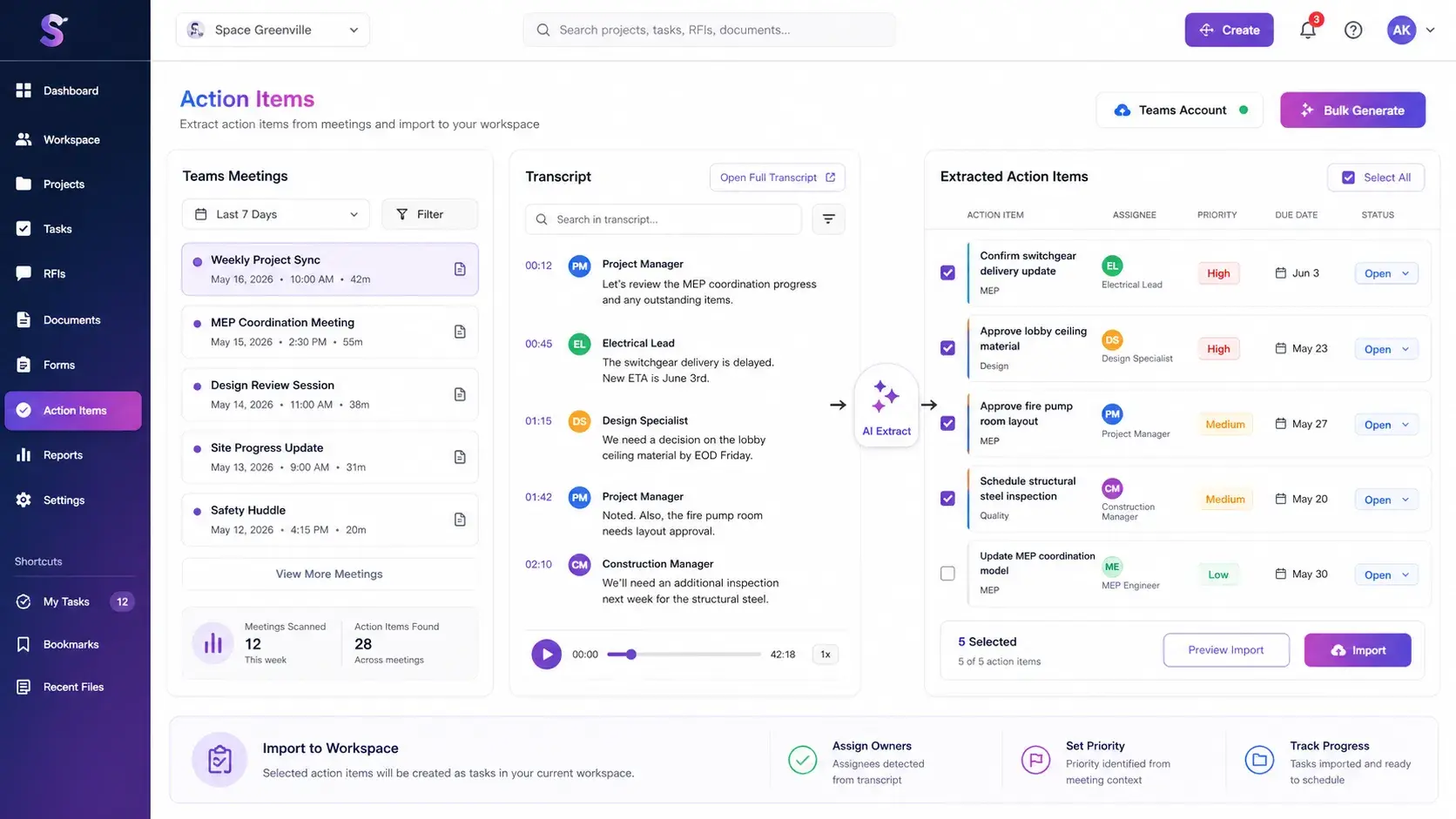 Action Items dashboard extracting tasks from Teams meeting transcripts